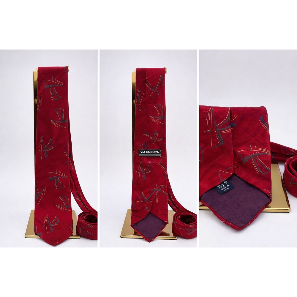 VIA EUROPA‎ Red Silk Necktie Geometric Pattern Men's Formal Neckwear 100% Sill